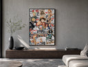 One Piece Straw Hat Crew characters poster framed above a wood console in a concrete-wall living room