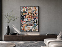 One Piece Straw Hat Crew characters poster framed above a wood console in a concrete-wall living room