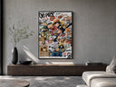 One Piece Straw Hat Crew characters poster framed above a wood console in a concrete-wall living room