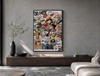 One Piece Straw Hat Crew characters poster framed above a wood console in a concrete-wall living room