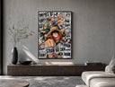 One Piece Straw Hat Crew characters poster framed above a wood console in a concrete-wall living room