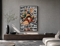 One Piece Straw Hat Crew characters poster framed above a wood console in a concrete-wall living room