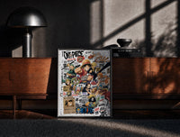 Black-framed One Piece Straw Hat Crew characters print on a moody console with designer coffee-table books