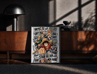 Black-framed One Piece Straw Hat Crew characters print on a moody console with designer coffee-table books