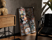 Walnut-framed One Piece Straw Hat Crew characters print leaning against a sunlit rustic brick wall
