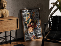 Walnut-framed One Piece Straw Hat Crew characters print leaning against a sunlit rustic brick wall