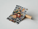 Rolled One Piece Straw Hat Crew characters poster beside its crush-resistant kraft shipping tube
