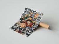 Rolled One Piece Straw Hat Crew characters poster beside its crush-resistant kraft shipping tube