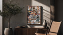 One Piece Straw Hat Crew characters poster framed above a fluted sideboard beside an olive tree