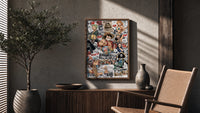 One Piece Straw Hat Crew characters poster framed above a fluted sideboard beside an olive tree