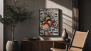 One Piece Straw Hat Crew characters poster framed above a fluted sideboard beside an olive tree