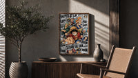 One Piece Straw Hat Crew characters poster framed above a fluted sideboard beside an olive tree