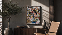 One Piece Straw Hat Crew characters poster framed above a fluted sideboard beside an olive tree
