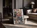 One Piece Straw Hat Crew characters print in a black frame leaning on a travertine table in a sunlit lounge