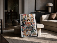 One Piece Straw Hat Crew characters print in a black frame leaning on a travertine table in a sunlit lounge