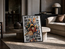 One Piece Straw Hat Crew characters print in a black frame leaning on a travertine table in a sunlit lounge