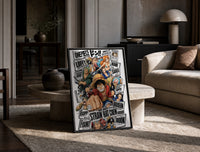 One Piece Straw Hat Crew characters print in a black frame leaning on a travertine table in a sunlit lounge