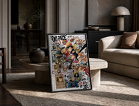One Piece Straw Hat Crew characters print in a black frame leaning on a travertine table in a sunlit lounge
