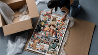 One Piece Straw Hat Crew characters framed print being unpacked from protective bubble wrap and a box