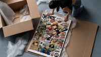 One Piece Straw Hat Crew characters framed print being unpacked from protective bubble wrap and a box
