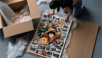 One Piece Straw Hat Crew characters framed print being unpacked from protective bubble wrap and a box