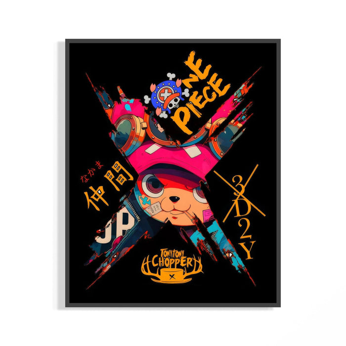 Tony Chopper 3D2Y cyberpunk poster in bright pink and orange shown on a wall display