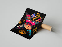 Tony Chopper cyberpunk anime print partially unrolled from a cardboard shipping tube on a gray surface