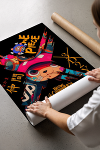 Person unrolling One Piece Tony Chopper 3D2Y Cyberpunk Design poster on concrete floor.