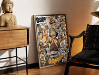 Brass-framed Usopp sniper character collage print leaning in a warm styled corner by a sculpture