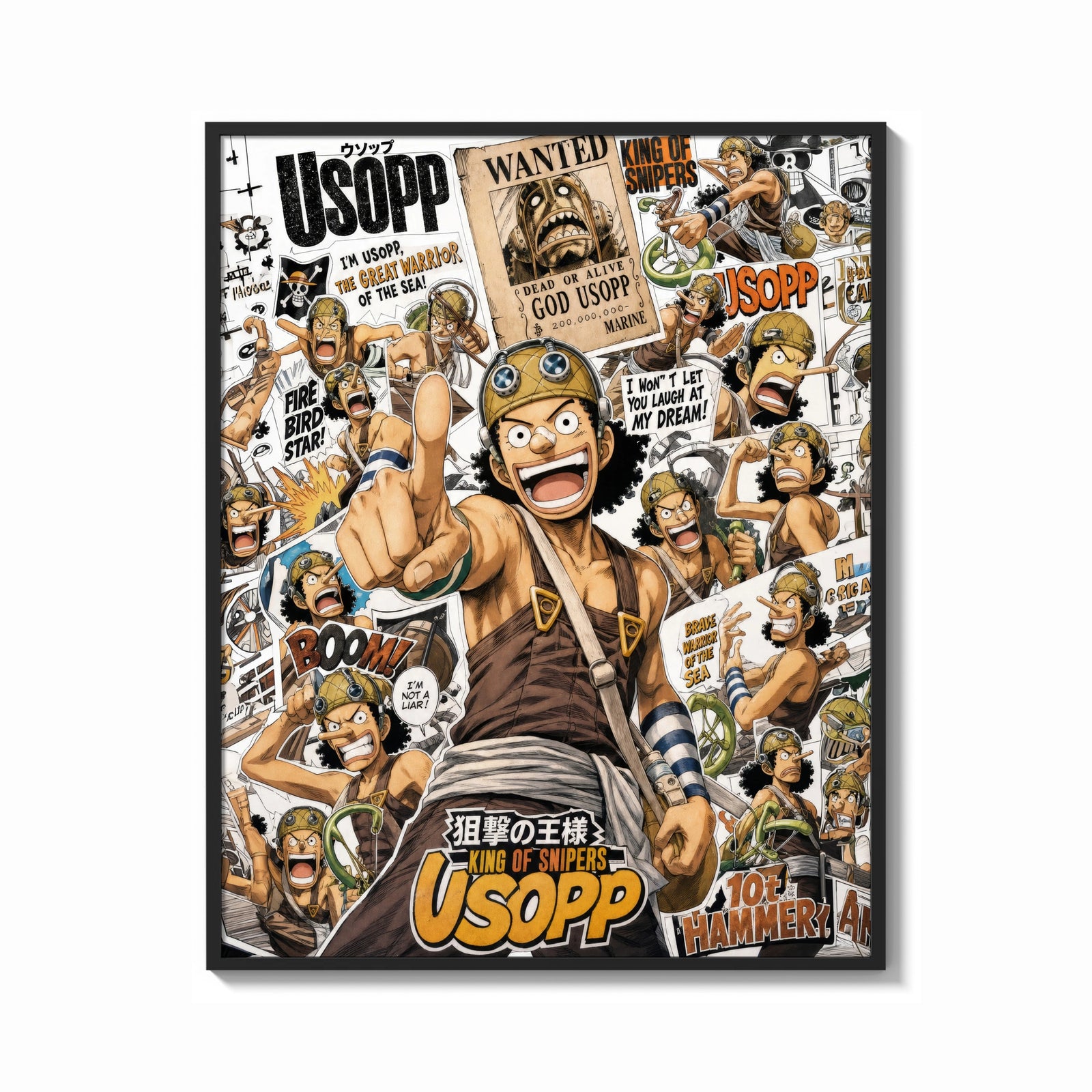 Framed Usopp sniper character collage print shown as a bold statement piece on a clean gallery wall