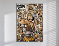 Usopp sniper character collage poster in a slim frame on a bright wall with soft window light