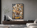 Usopp sniper character collage poster framed above a wood console in a concrete-wall living room