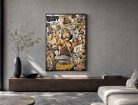 Usopp sniper character collage poster framed above a wood console in a concrete-wall living room