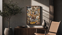 Usopp sniper character collage poster framed above a fluted sideboard beside an olive tree