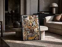 Usopp sniper character collage print in a black frame leaning on a travertine table in a sunlit lounge