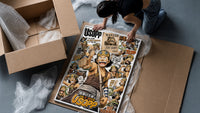 Usopp sniper character collage framed print being unpacked from protective bubble wrap and a box