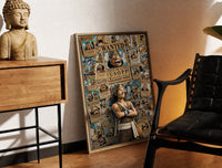 Brass-framed Usopp with wanted posters print leaning in a warm styled corner by a sculpture