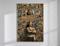Usopp with wanted posters poster in a slim frame on a bright wall with soft window light