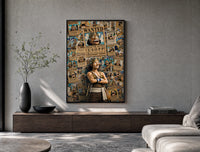 Usopp with wanted posters poster framed above a wood console in a concrete-wall living room