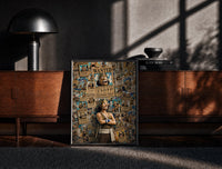 Black-framed Usopp with wanted posters print on a moody console with designer coffee-table books