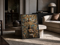 Usopp with wanted posters print in a black frame leaning on a travertine table in a sunlit lounge