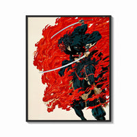 Framed Demon-masked samurai riding black horse print shown as a bold statement piece on a clean gallery wall