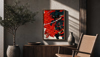 Demon-masked samurai riding black horse poster framed above a fluted sideboard beside an olive tree