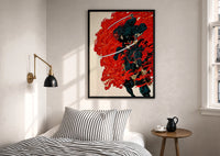 Oni samurai on a black horse print in a black frame above a bed with striped linens, a brass wall lamp and a sunlit window