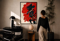 Oni samurai on a black horse print in a black frame on a sunlit plaster wall, a woman looking on beside a mushroom lamp