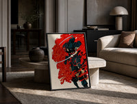 Demon-masked samurai riding black horse print in a black frame leaning on a travertine table in a sunlit lounge
