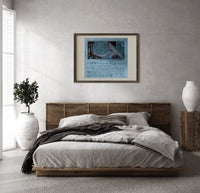 Elegant woman holding hand mirror print in a dark wood frame above a rattan bed on a plaster wall