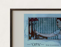 Close-up of the Elegant woman holding hand mirror print's dark wood frame corner and archival matte paper
