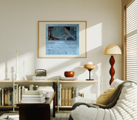Elegant woman holding hand mirror print in an oak frame above a mid-century book console with a vintage radio