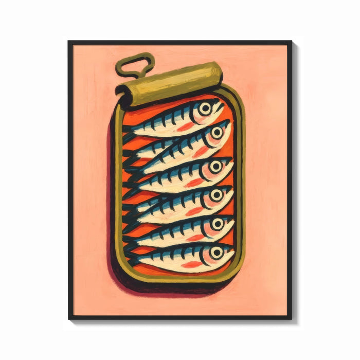 Framed Open Sardine Tin print shown as a bold statement piece on a clean gallery wall